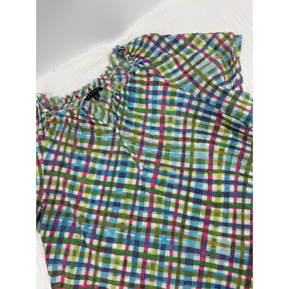 Zac & Rachel Plaid Blouse XXL Multicolor Ruffle Neck Short Sleeve Henley